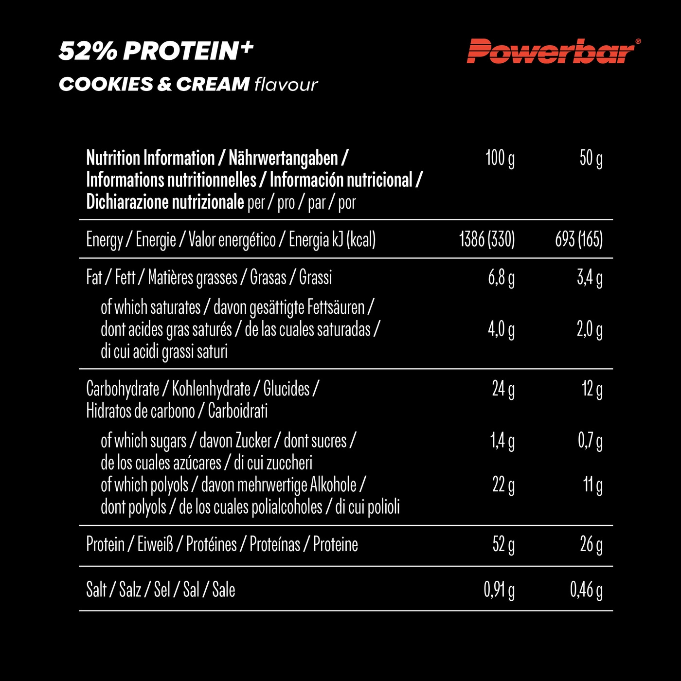 POWERBAR 52% Protein Plus Cookies&Cream 20x50g High Protein Low Sugar Riegel