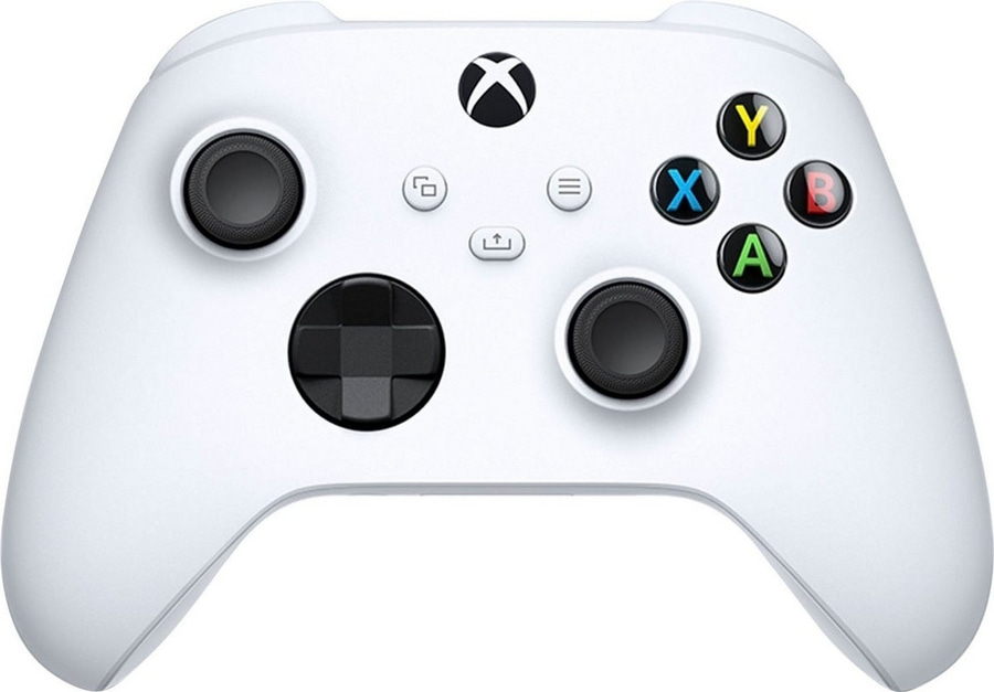 Weißer Xbox-Controller mit schwarzen Knöpfen und farbigen Buchstaben. Spielkonsole.