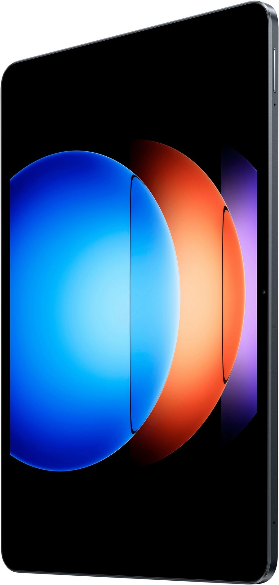 Tablet mit blau-orangefarbenem Hintergrund, schwarzem Rahmen und abgerundeten Ecken