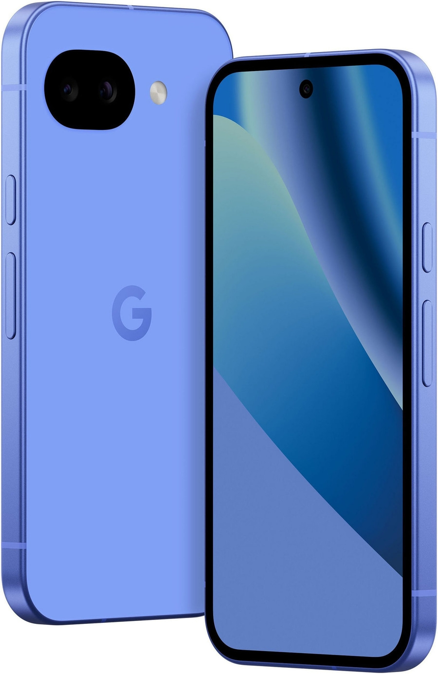 Ein blaues Google Pixel Smartphone mit zwei Kameras auf der Rückseite und einem G-Logo.