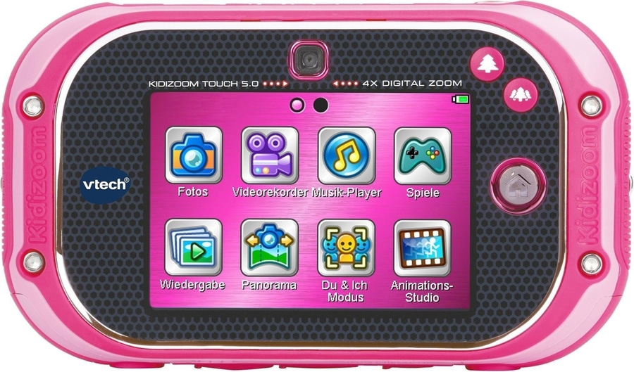Ein pinkfarbenes VTech Kidizoom Touch 5.0 mit verschiedenen App-Symbolen auf dem Touchscreen.