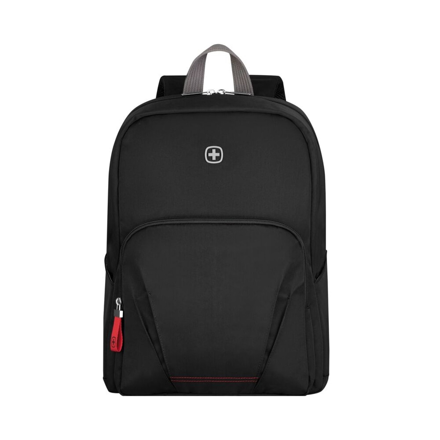 Schwarzer Rucksack mit Logo und rotem Reißverschlussanhänger. Grauer Griff.