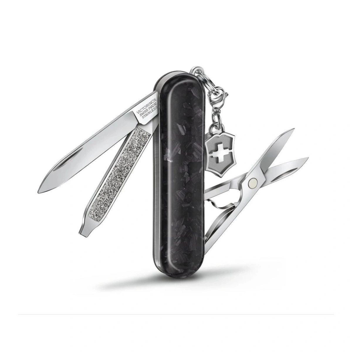 Schweizer Taschenmesser mit geöffneten Klingen und Schere, Nahaufnahme, glänzend