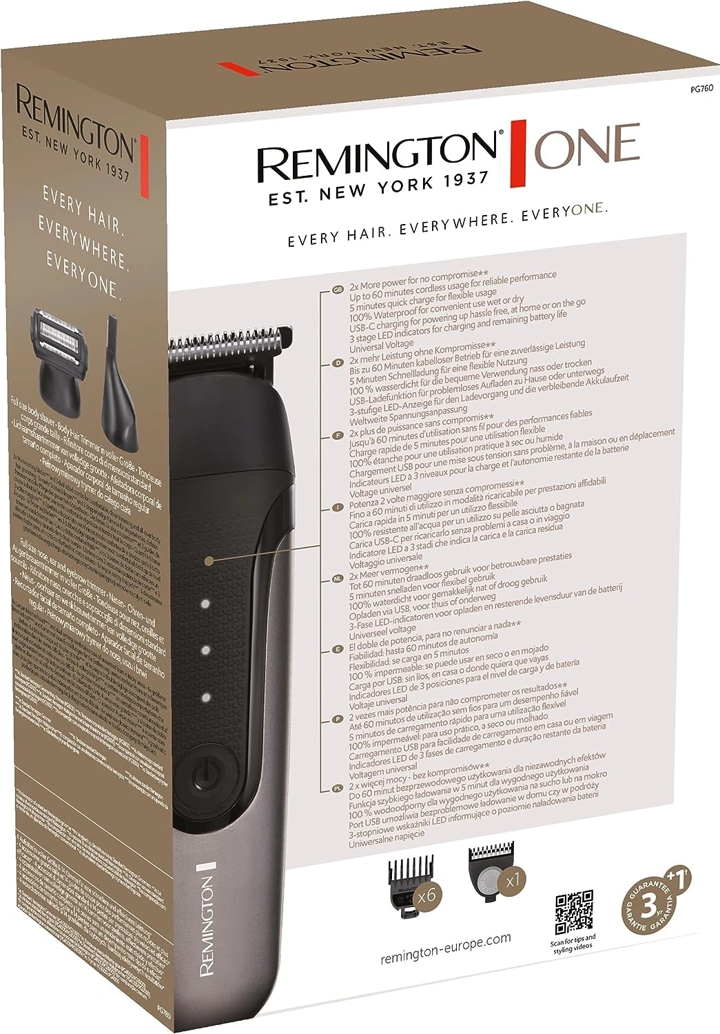 Remington Rasierer-Packung mit Funktionen, Akkulaufzeit, LED-Anzeigen und USB-C-Ladefunktion.