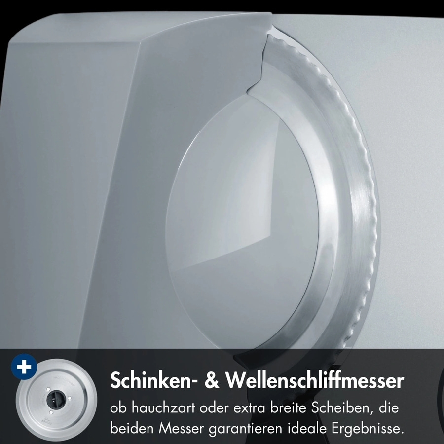 Nahaufnahme eines Fleischschneiders mit Text über Schinken- und Wellenschliffmesser.