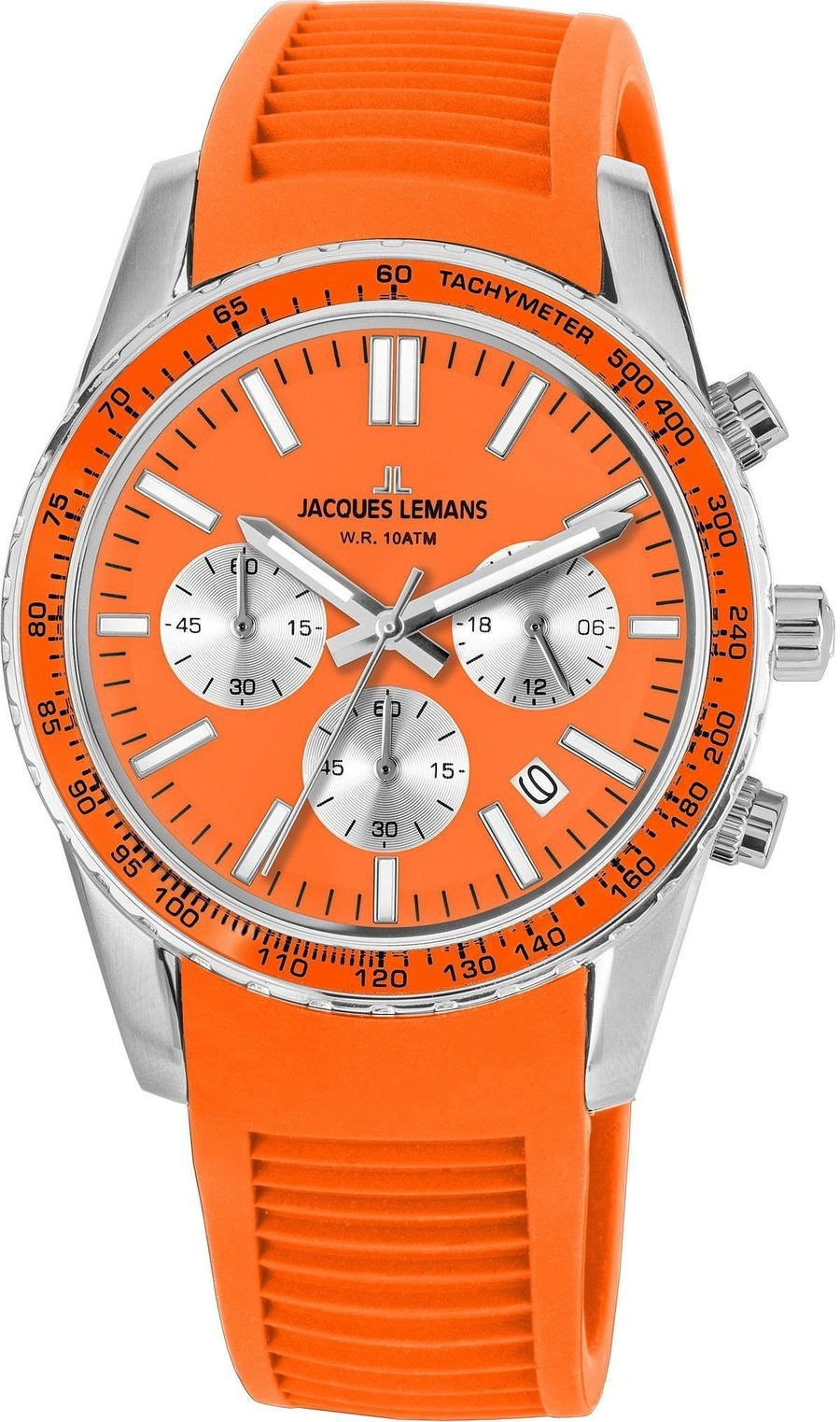 Eine Nahaufnahme einer orangefarbenen Jacques Lemans Herrenuhr mit silbernen Akzenten und orangefarbenem Armband, die auf einem weißen Hintergrund posiert.