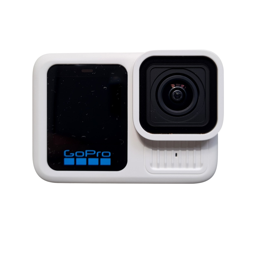Eine weiße GoPro-Kamera mit schwarzem Bildschirm und Linse.