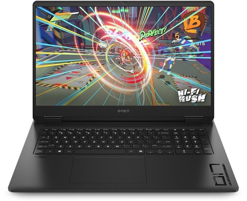 Schwarzer Laptop mit Spiel "Hi-Fi Rush" auf dem Bildschirm, OMEN-Logo.