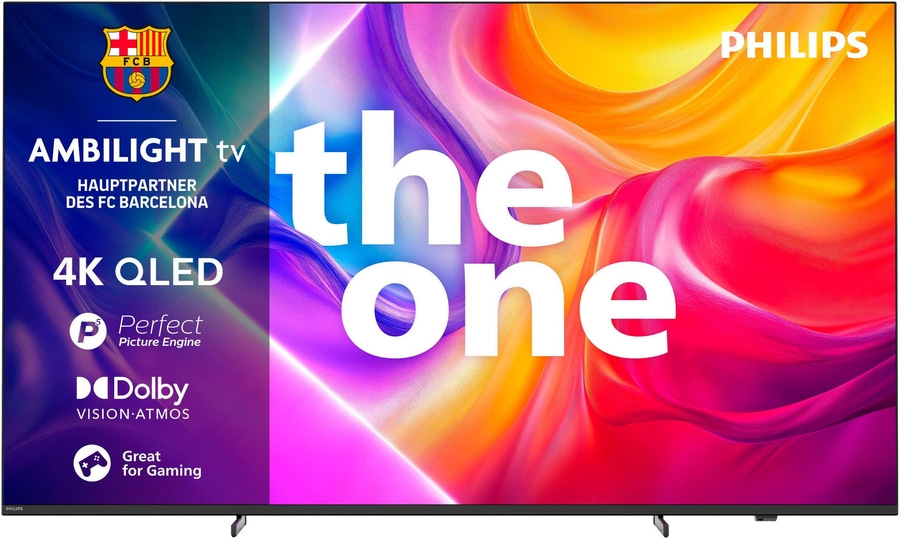 Philips Fernseher mit Ambilight, 4K QLED, Dolby, Gaming, FC Barcelona