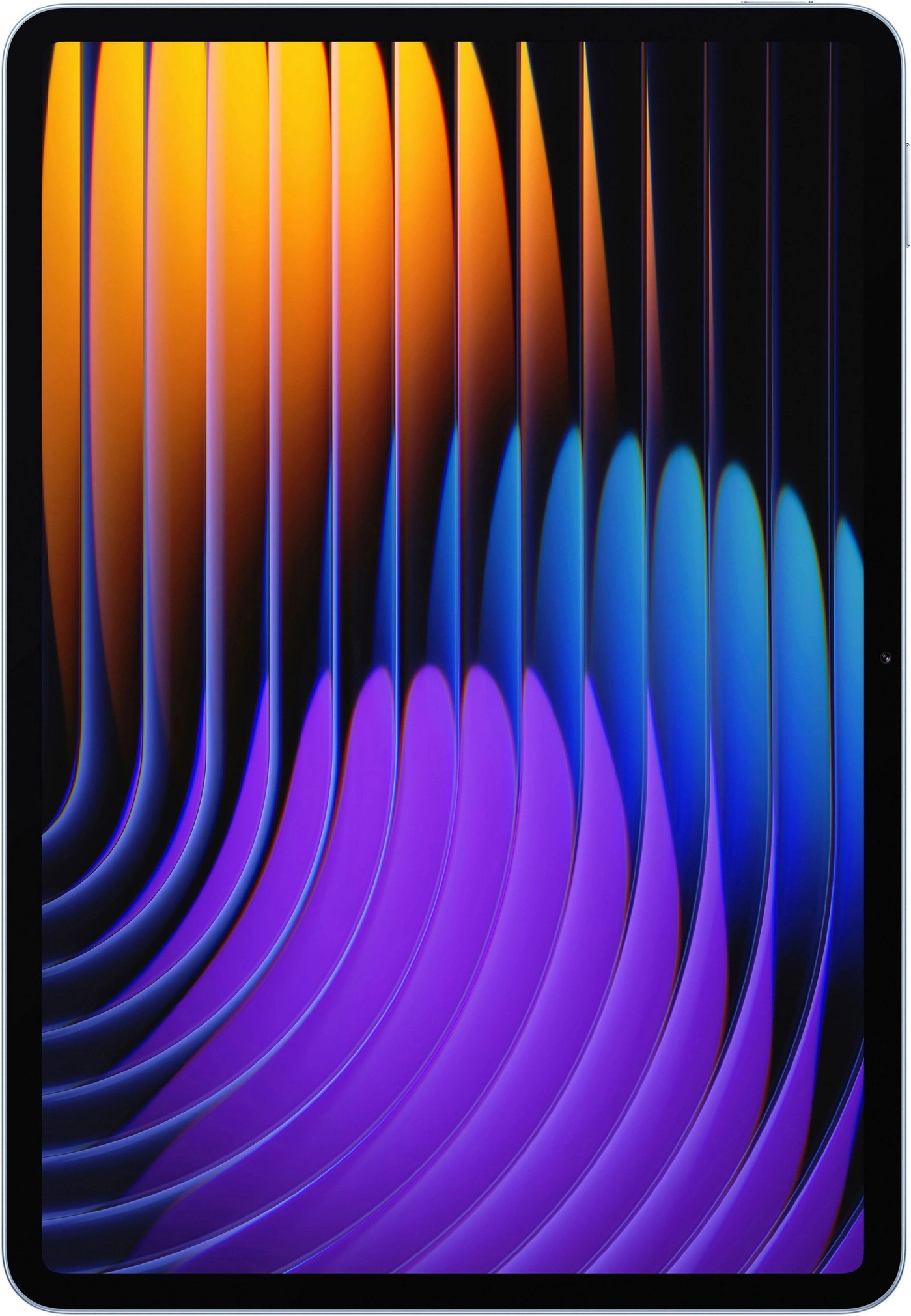 Abstraktes digitales Kunstwerk mit geschwungenen Linien in Orange, Lila und Blau.