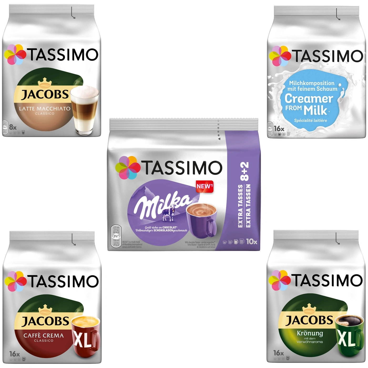 Tassimo Kaffeeprodukte: Jacobs Latte Macchiato, Caffe Crema, Krönung, Milka Schokolade, Creamer