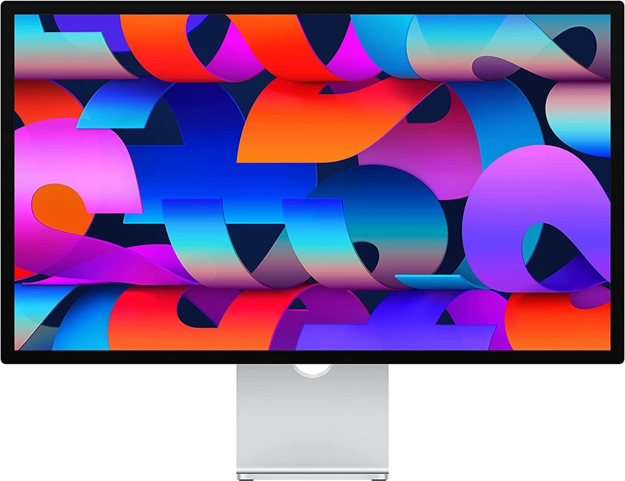 Monitor mit farbenfrohem Hintergrund, modernem Design und elegantem Standfuß.