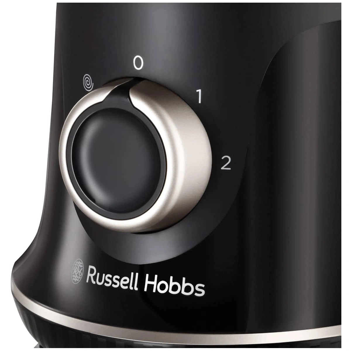 Nahaufnahme eines schwarzen Mixers mit Drehknopf und Russell Hobbs Logo.