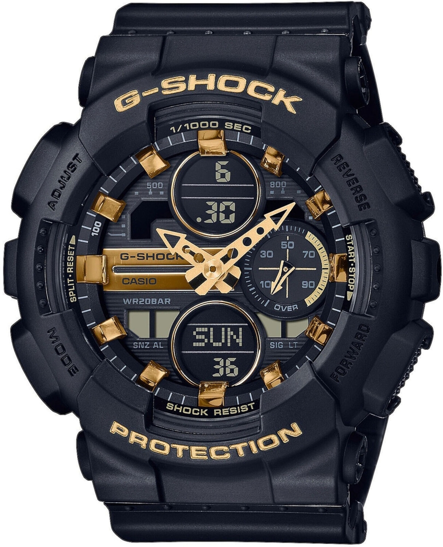 Schwarze G-Shock-Uhr mit goldenen Akzenten und digitaler Anzeige, robustes Design.