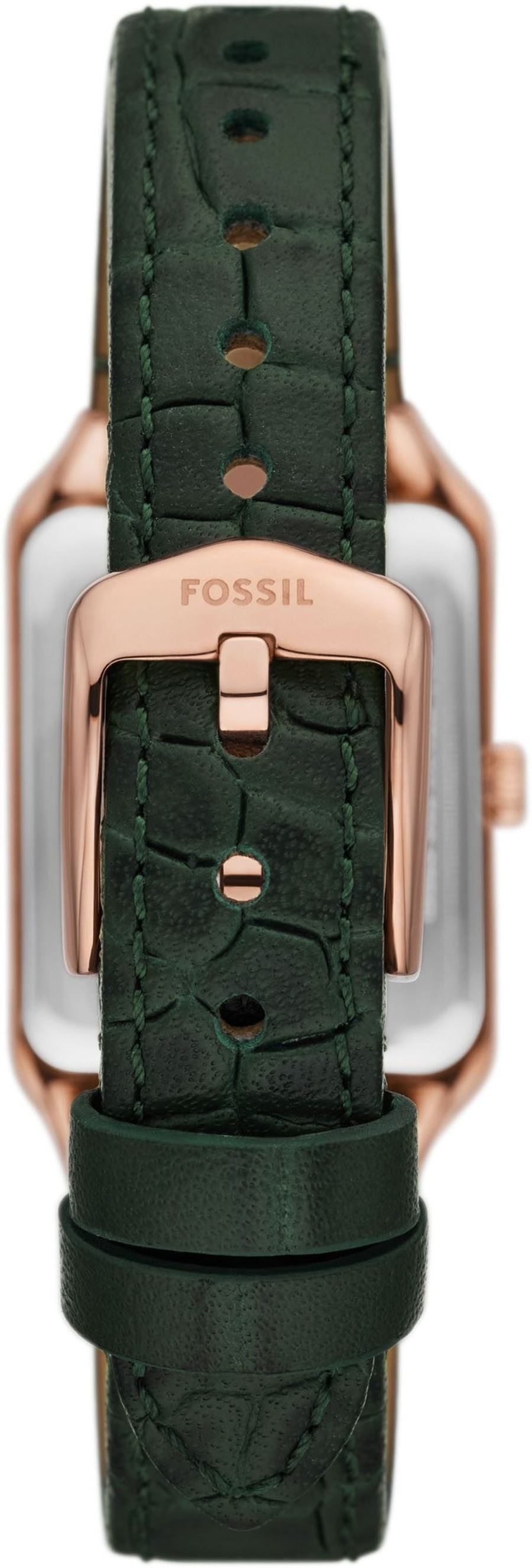 Nahaufnahme einer grünen Lederuhr mit roségoldener Schnalle und Fossil-Logo.