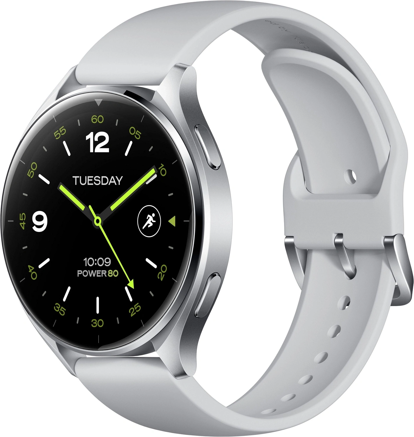 Eine weiße Smartwatch mit silbernen Akzenten und einem schwarzen Zifferblatt.
