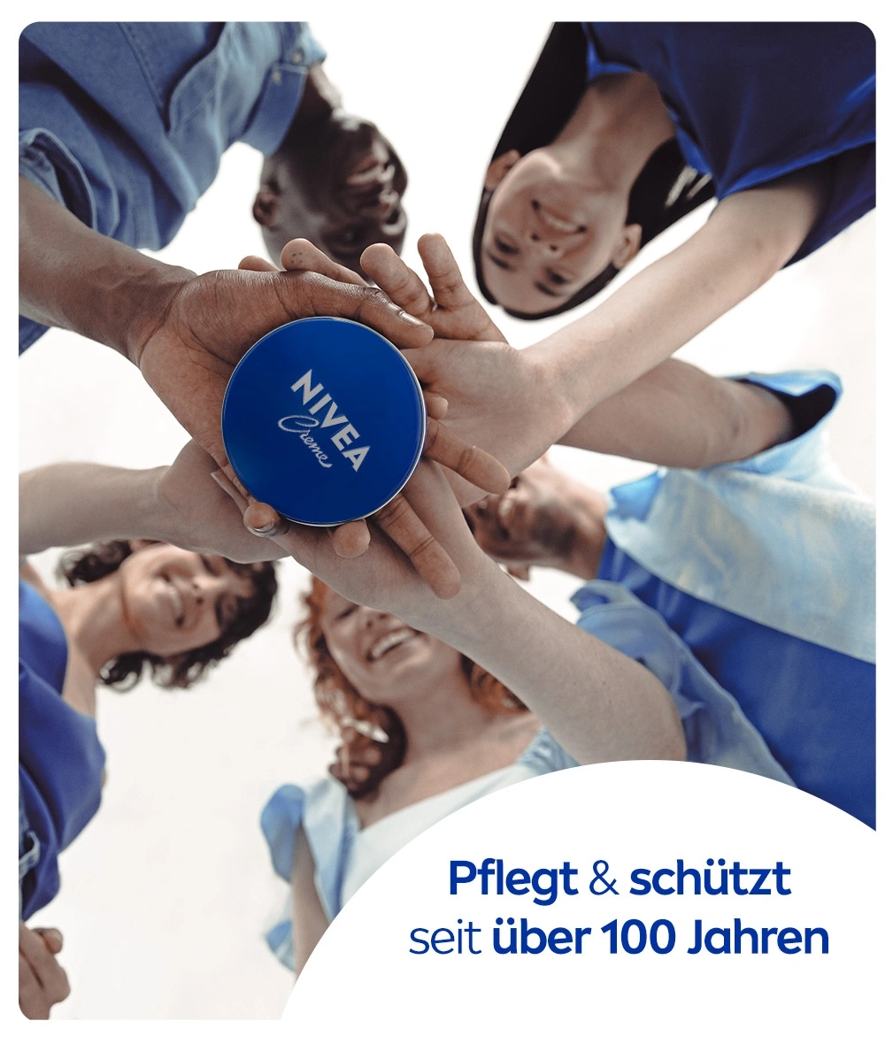 Nivea Creme, Hände, Menschen, Pflege, Schutz, seit über 100 Jahren, blau