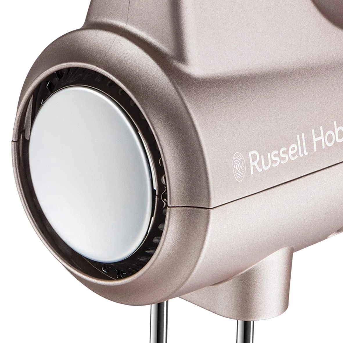 Detailaufnahme eines Russell Hobbs Mixers mit weißem Knopf und Lüftungsschlitzen.