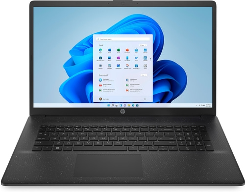 Schwarzer Laptop mit Windows-Oberfläche, Tastatur und HP-Logo. Der Bildschirm zeigt das Windows-Startmenü.