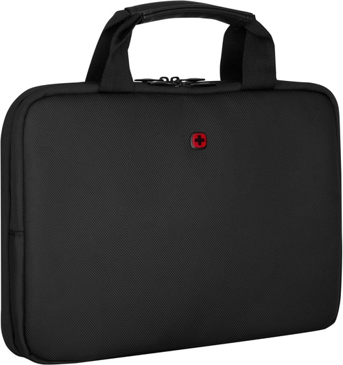Schwarze Laptoptasche mit Griff und rotem Kreuz auf der Vorderseite. Textilgewebe.