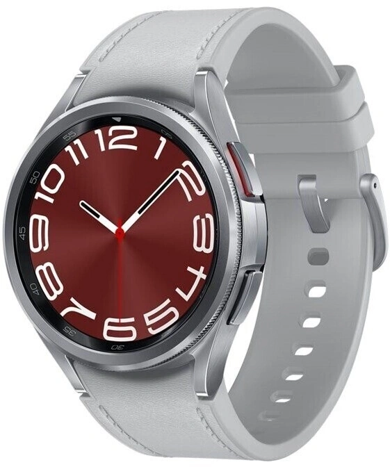 Smartwatch mit rotem Zifferblatt und grauem Armband, Nahaufnahme