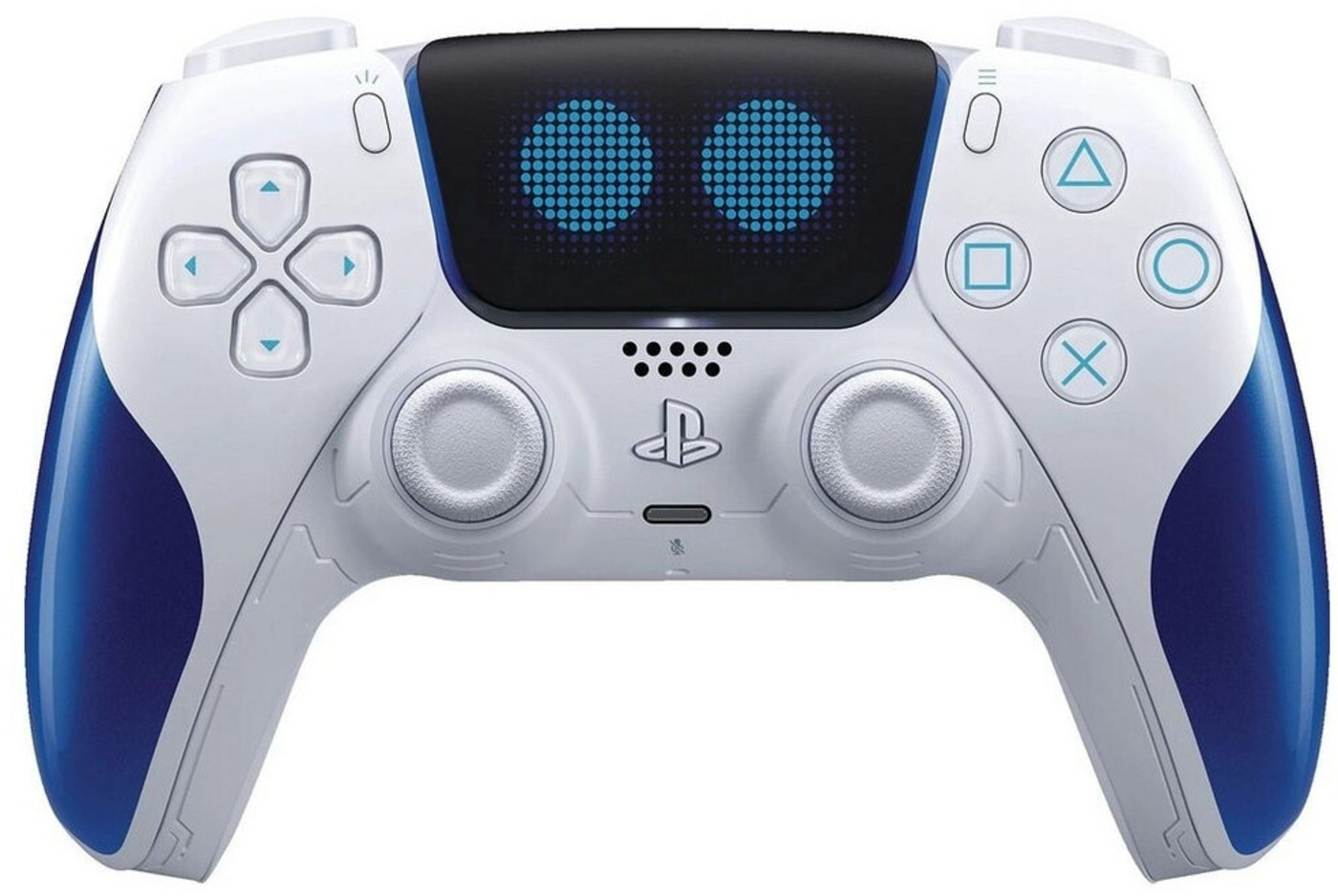 Ein weiß-blauer PlayStation 5 Controller mit leuchtenden blauen Augen auf dem Bildschirm.