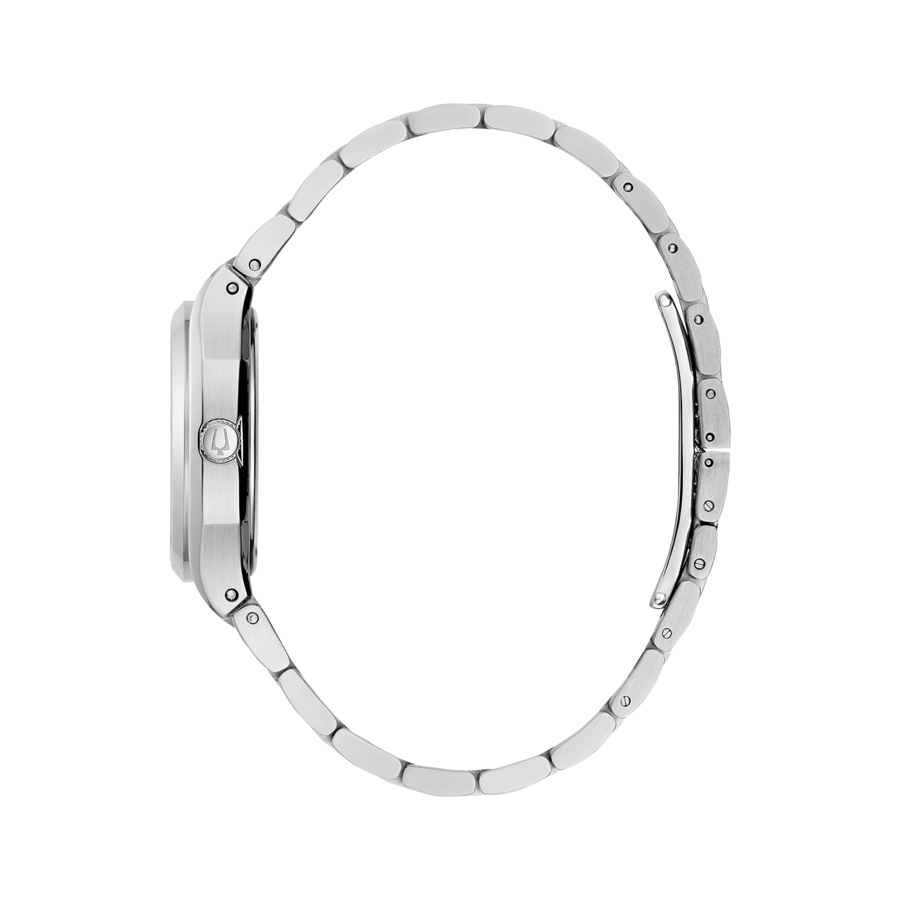 Silberne Armbanduhr mit Metallarmband, Seitenansicht, elegant