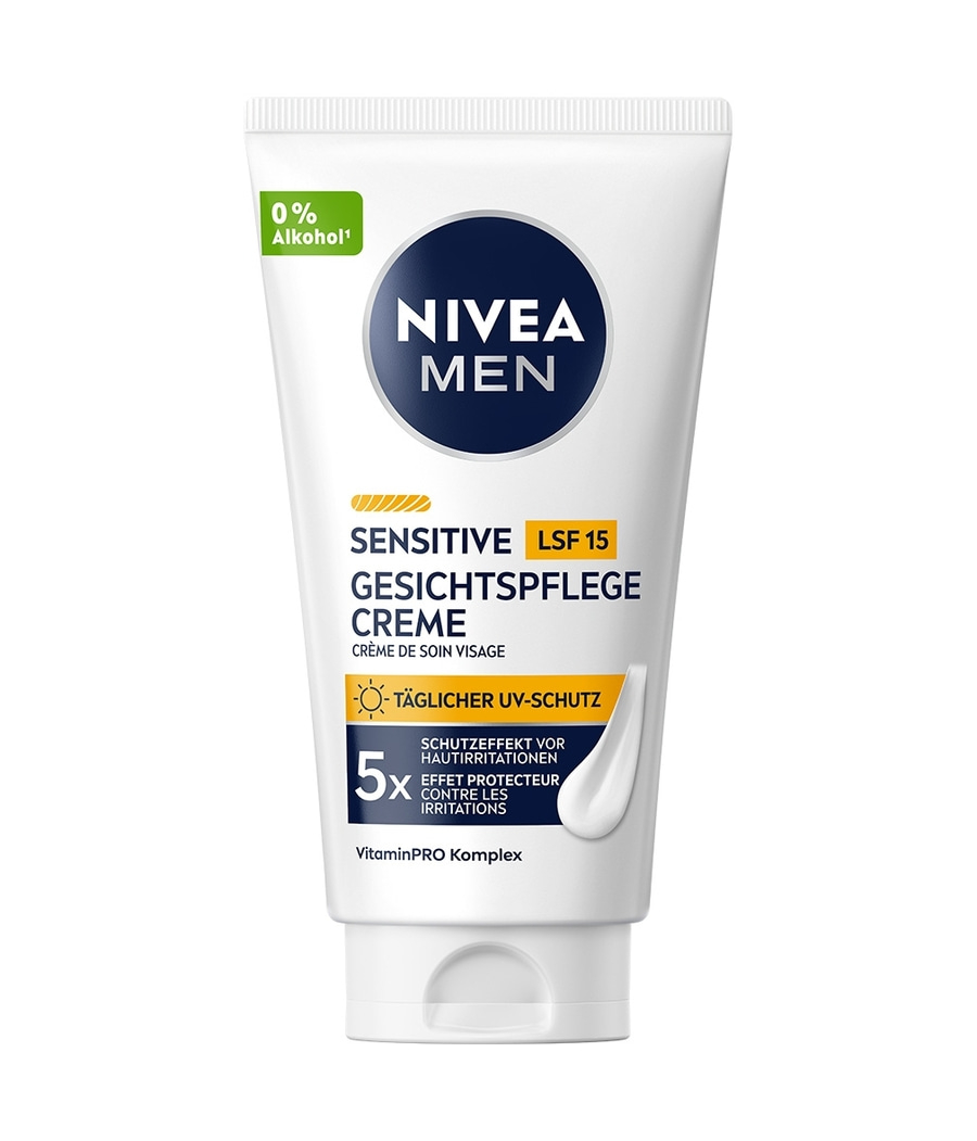 Nivea Men Sensitive Gesichtscreme mit LSF 15 und UV-Schutz.