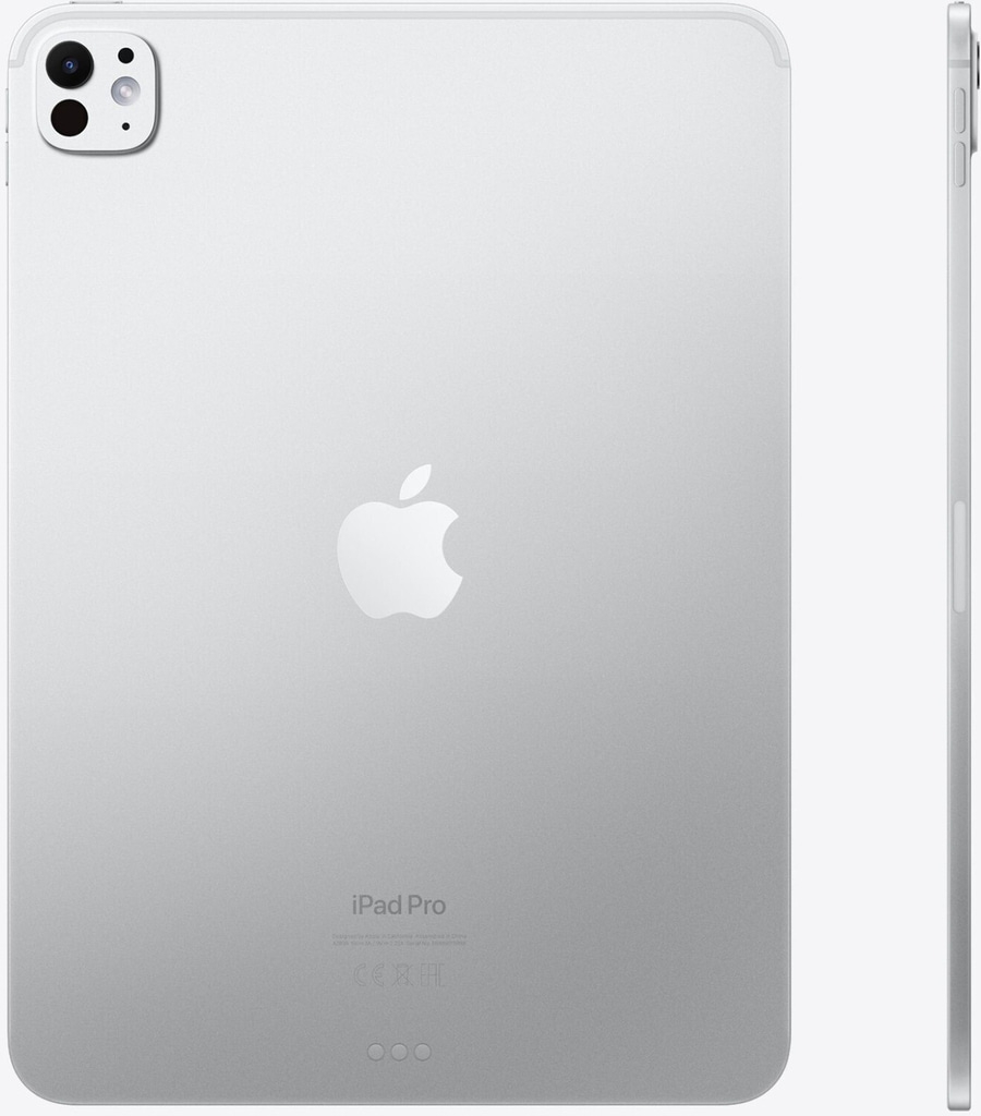 Silbernes iPad Pro mit Apple-Logo und Kamera auf weißem Hintergrund