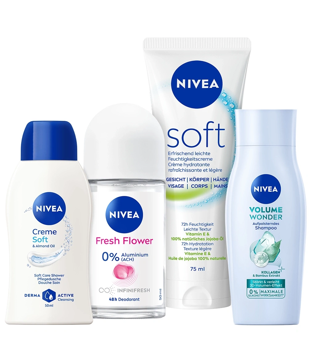 NIVEA Produktgruppe mit Duschgel, Deo, Gesichtscreme und Shampoo