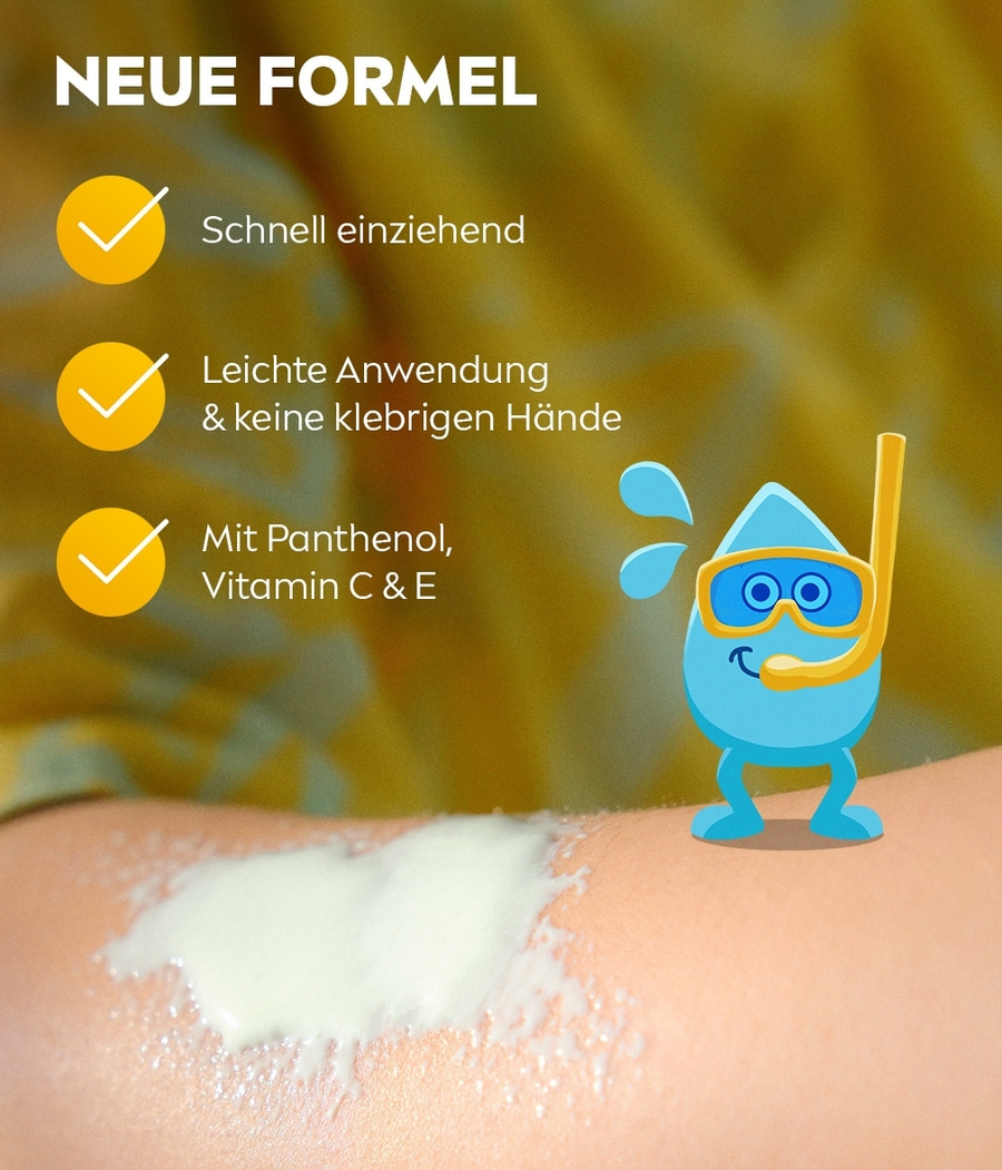 Neue Formel: Schnell einziehend, leichte Anwendung, mit Panthenol, Vitamin C & E.