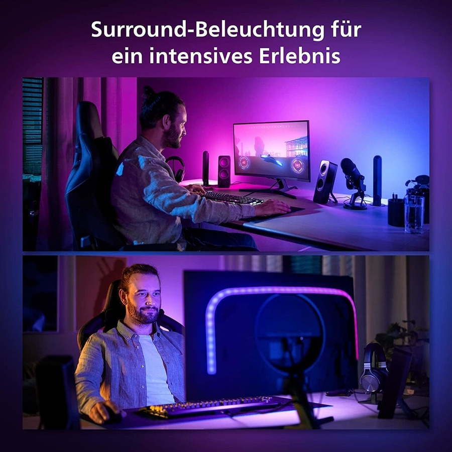 Ein Mann sitzt am Schreibtisch und spielt Videospiele, umgeben von atmosphärischer Beleuchtung.