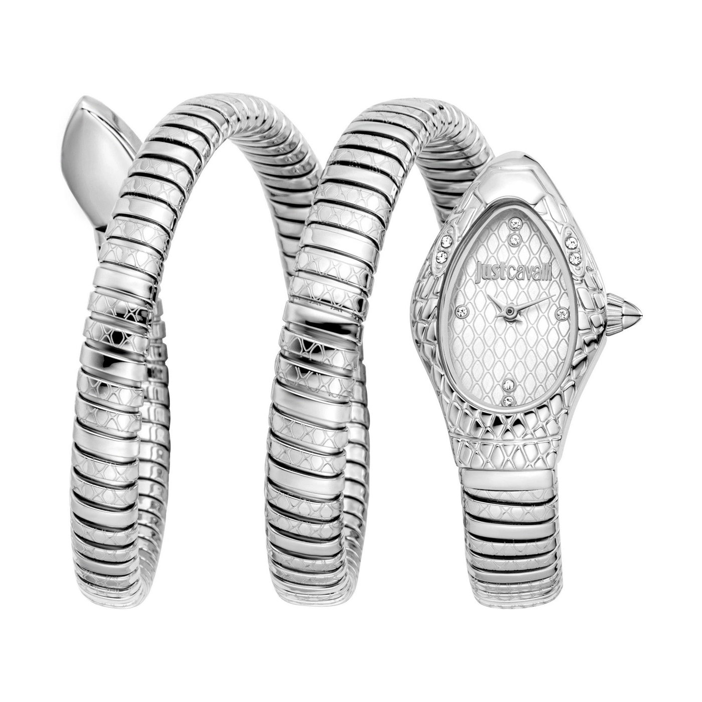 Eine silberne Schlangenarmbanduhr mit schuppenartigem Muster und Kristallsteinen.