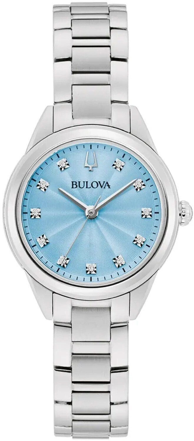 Bulova Damenuhr mit blauem Zifferblatt und Diamanten, silbernes Armband
