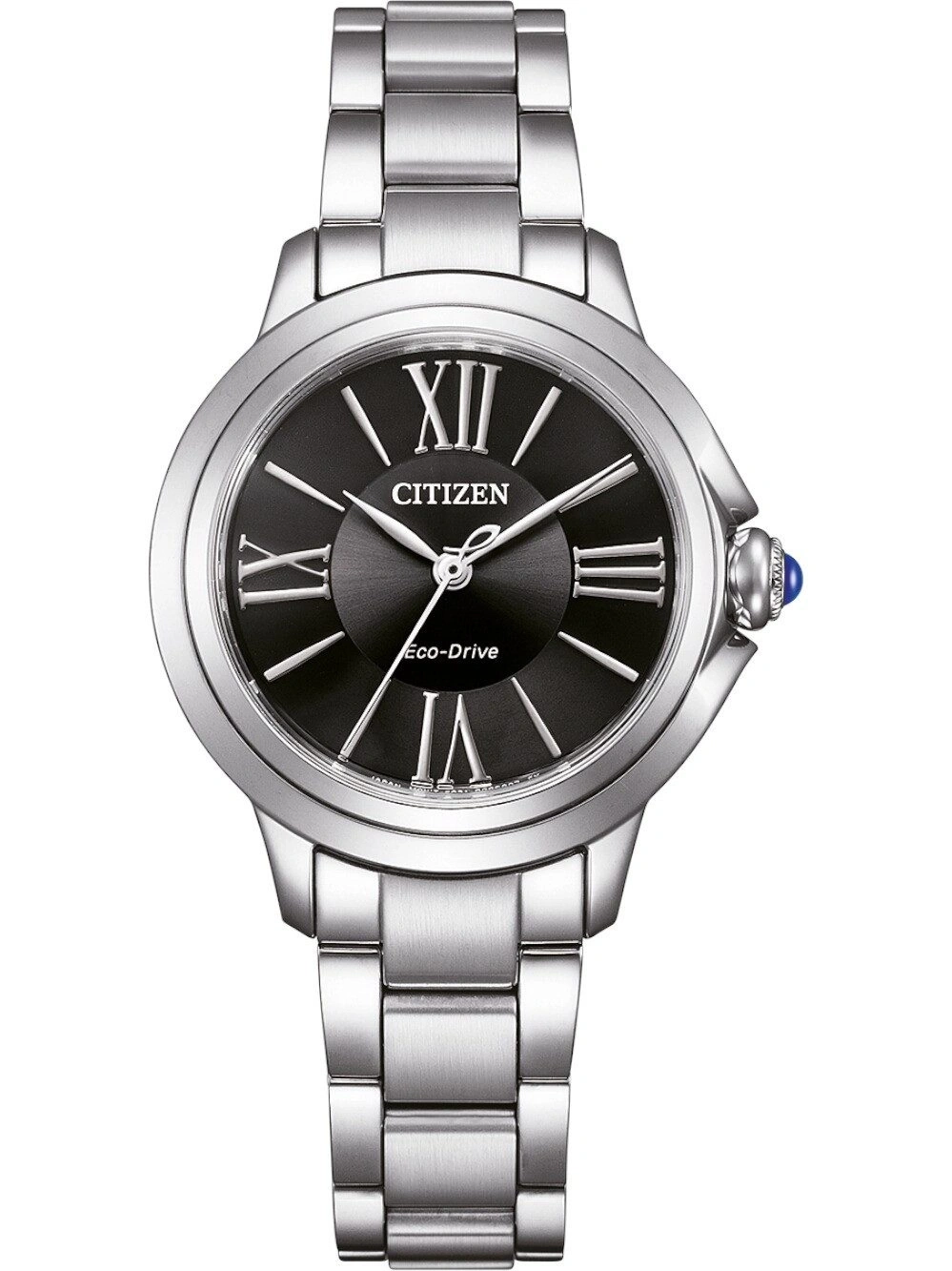 Eine silberne Citizen Eco-Drive Uhr mit schwarzem Zifferblatt und römischen Ziffern