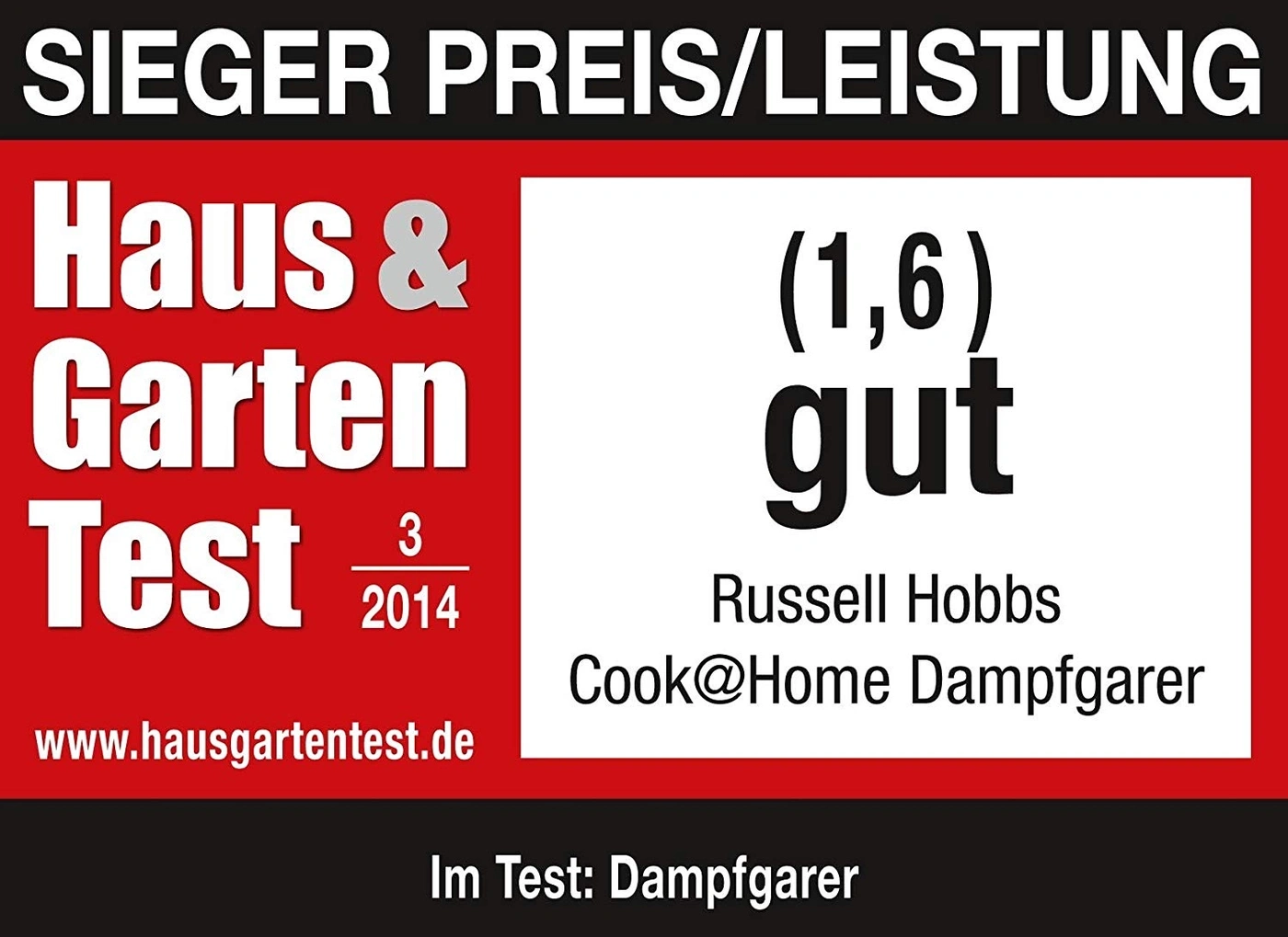 Siegel "Haus & Garten Test" für Russell Hobbs Cook@Home Dampfgarer