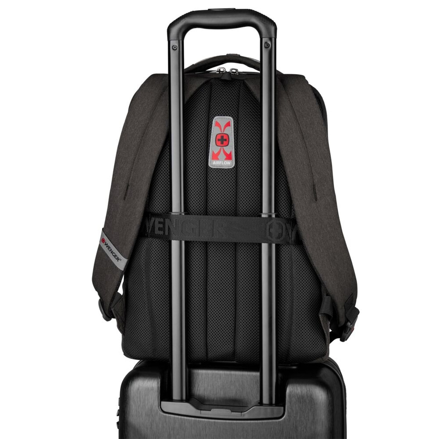 Schwarzer Rucksack mit Trolley-Griff, Airflow-System und Wenger-Logo.