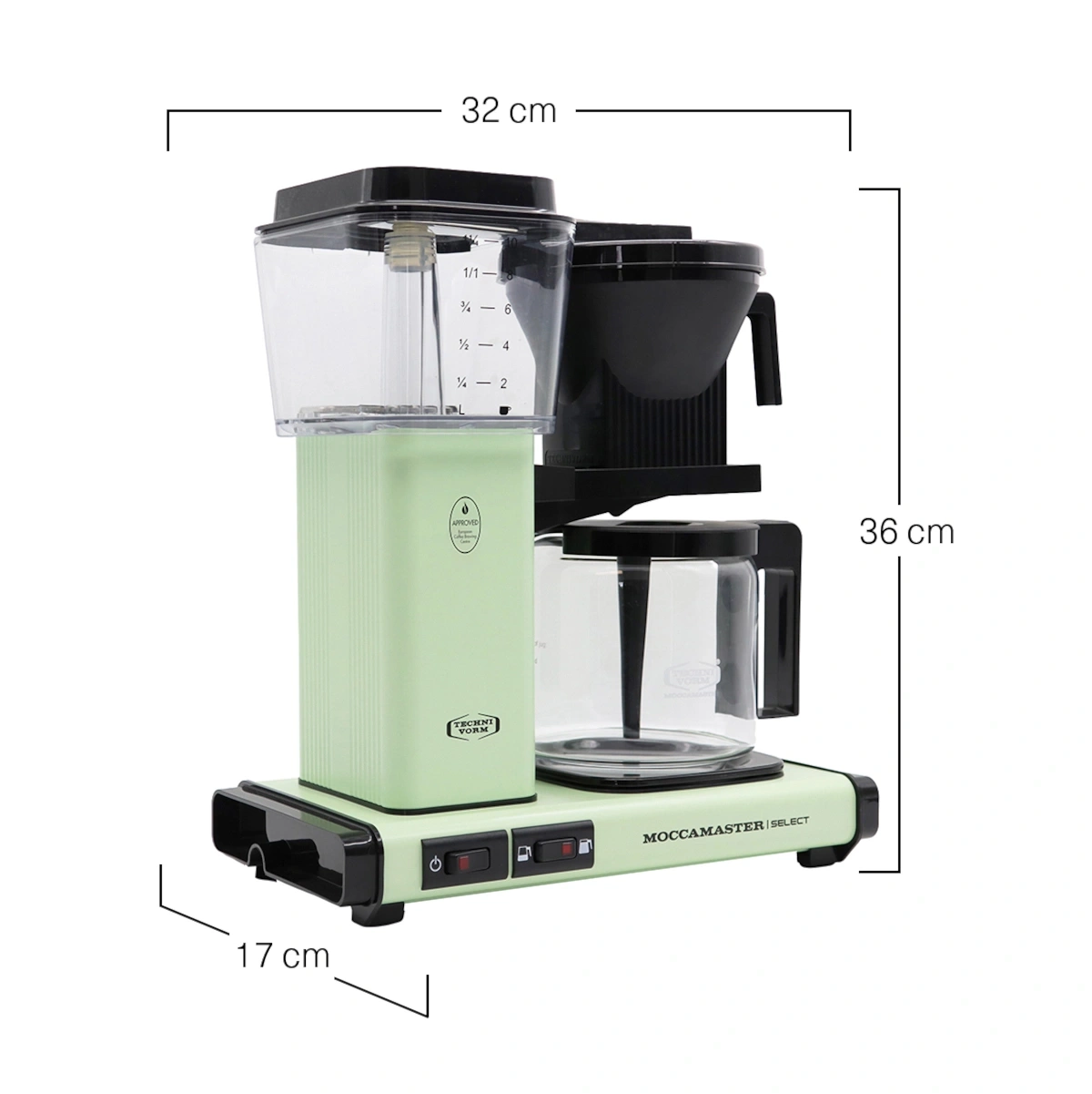 Kaffeemaschine mit Maßen: 32 cm breit, 36 cm hoch, 17 cm tief. Grün und schwarz.