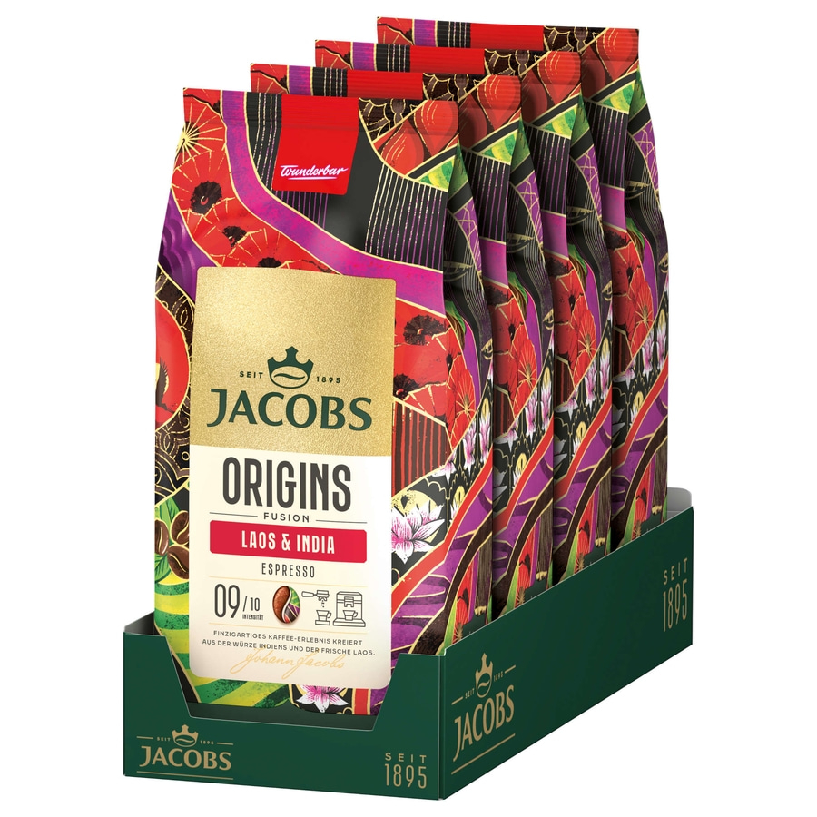 JACOBS Kaffeebohnen Origins Laos & India Espresso ganze Bohne geröstet 4 x 1 kg
