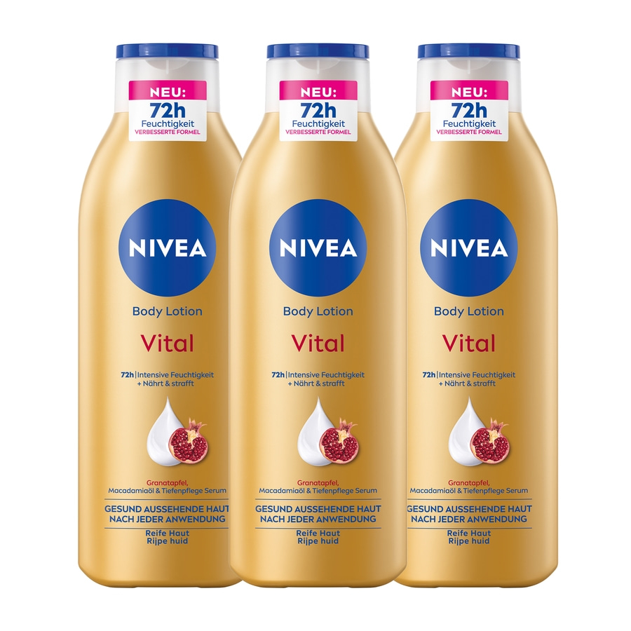 NIVEA Vital Body Lotion 3 x 250ml Granatapfel, Macadamiaöl & Tiefenpflege Serum