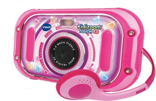 Rosa VTech Kidizoom Touch 5.0 Digitalkamera mit Kopfhörern, buntem Design und Schmetterlingen.