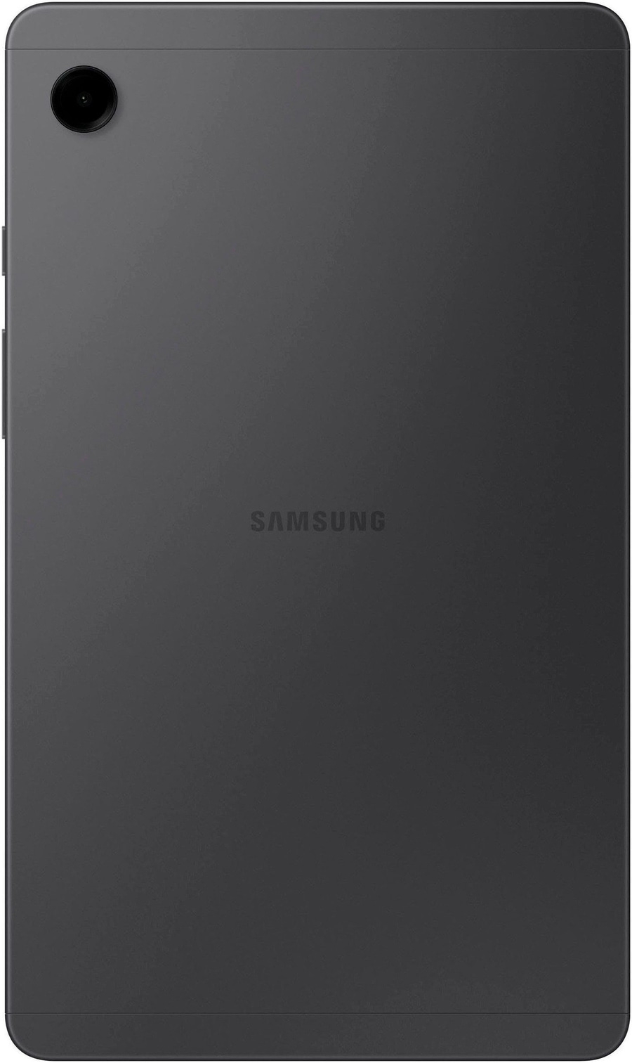Rückseite eines dunklen Samsung Tablets mit Kameraobjektiv und Logo