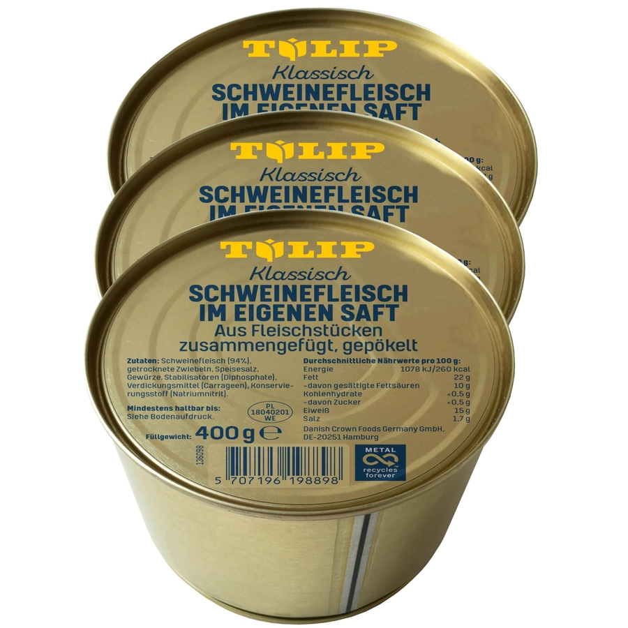 Drei Dosen Schweinefleisch in eigenem Saft, Klassisch, von Tulip, 400g, gepökelt.