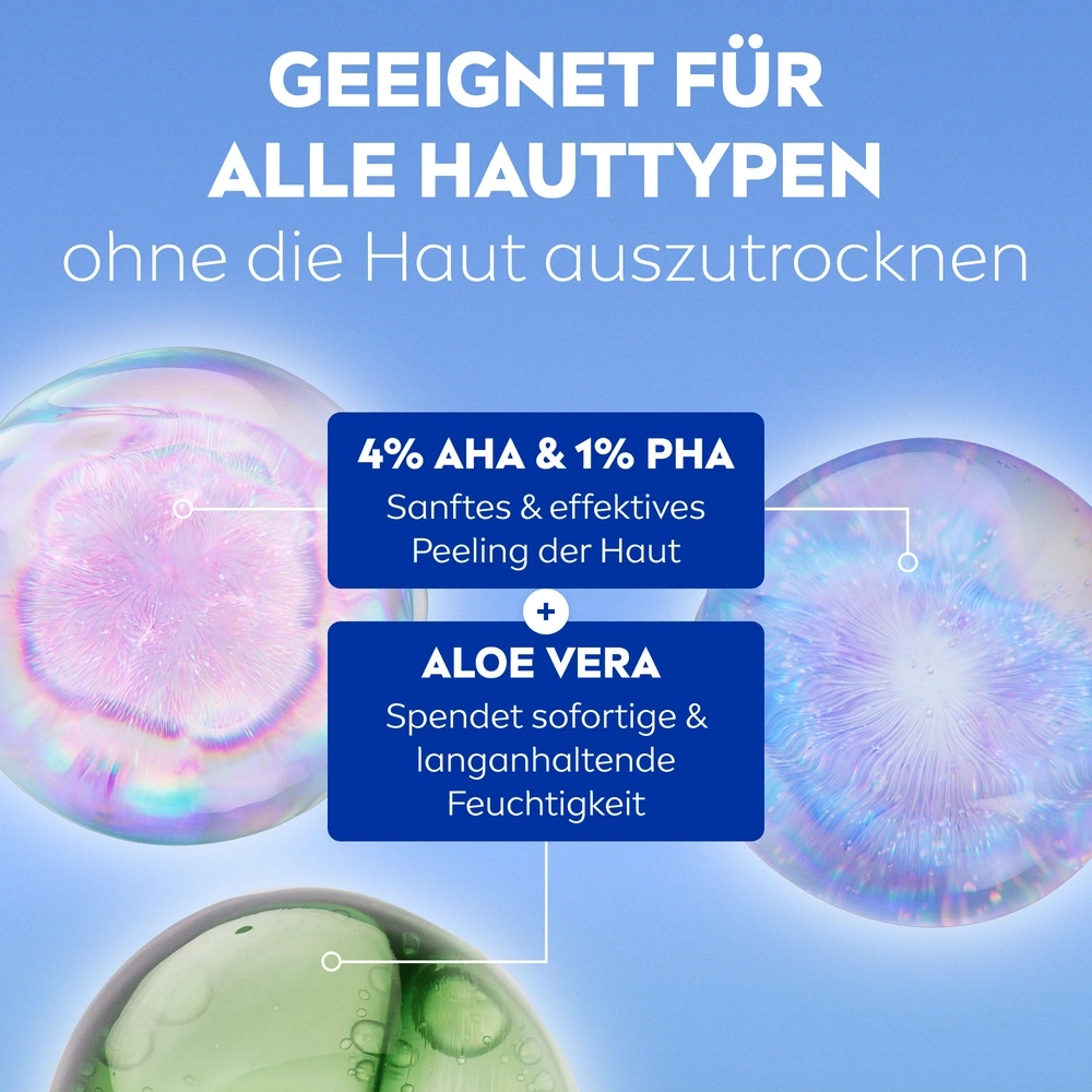 Produkt für alle Hauttypen mit AHA, PHA und Aloe Vera für Feuchtigkeit und Peeling.