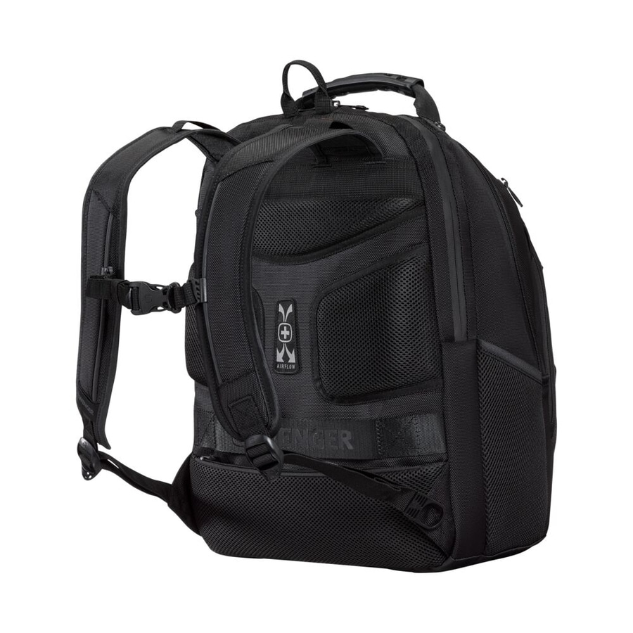 Schwarzer Rucksack mit Airflow-System und Tragegriff, ideal für Reisen.