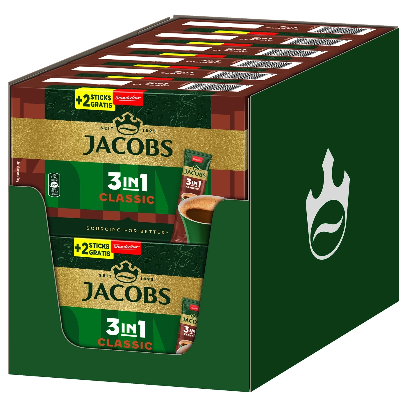 Jacobs 3in1 Classic Kaffee-Packung mit Gratis-Sticks und Wunderbar-Logo, grüne Verpackung