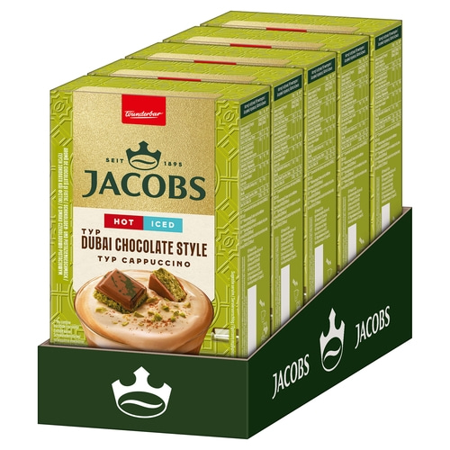 Jacobs Dubai Chocolate Style Cappuccino Packung, heiß und kalt, mit Schokoladenstückchen