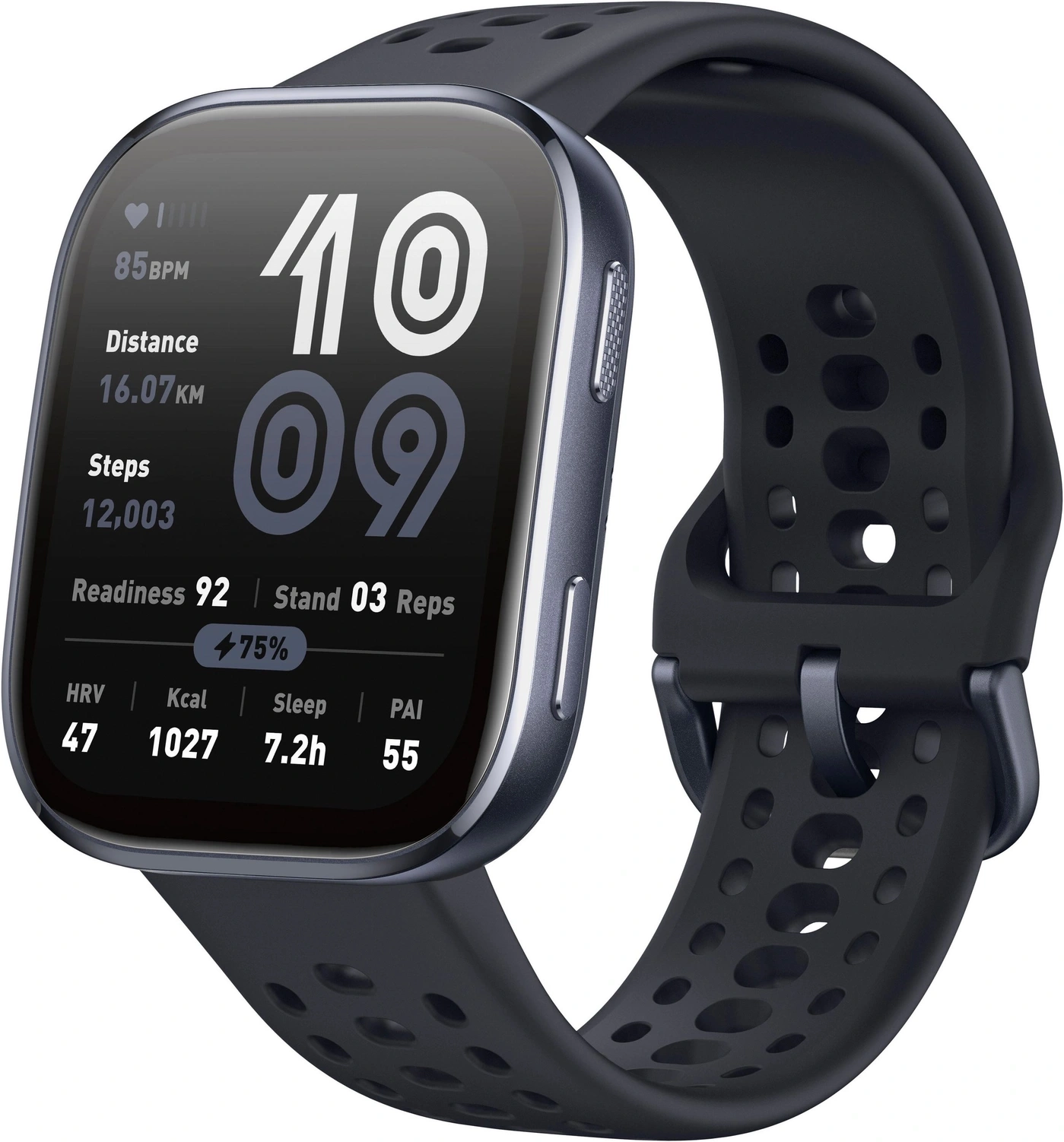 Schwarzes Smartwatch-Armband mit silbernem Gehäuse und Zifferblatt mit Gesundheitsdaten.