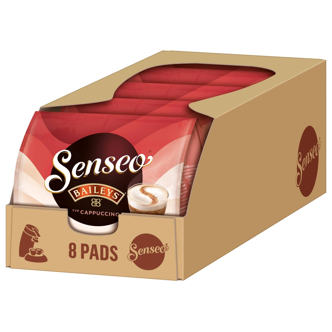 Senseo Baileys Cappuccino Pads in einer braunen Box mit 8 Pads. Kaffeegetränk.
