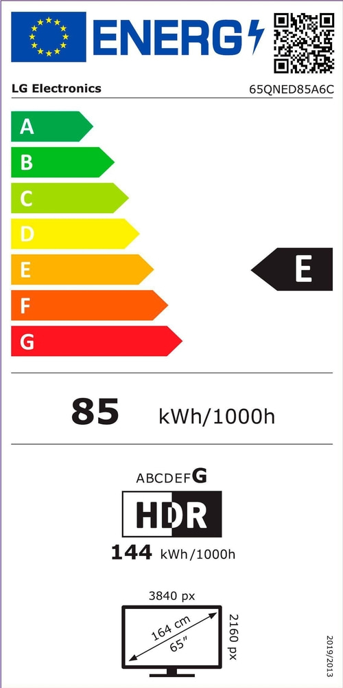 Energielabel für LG Electronics 65QNED85A6C Fernseher mit Energieeffizienzklasse E.